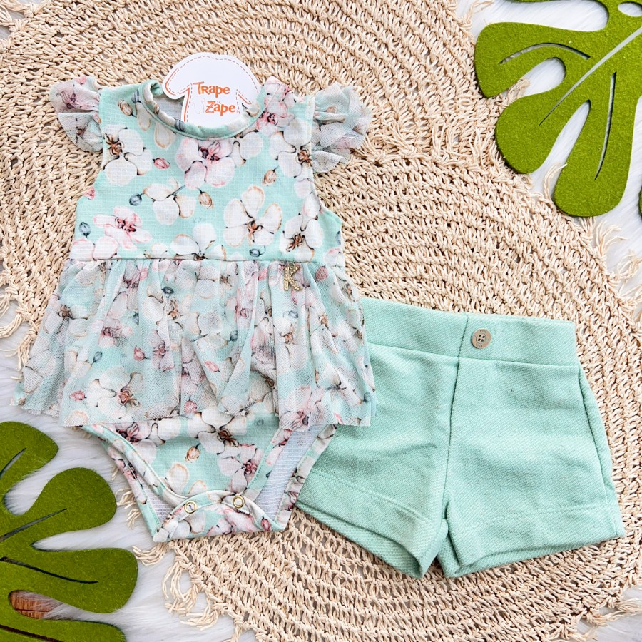Conj. Body Floral  e Short em Linho - Verde
